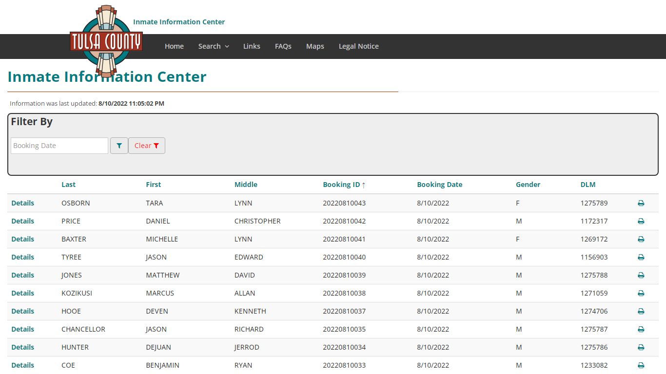 Booking Index - Inmate Information Center